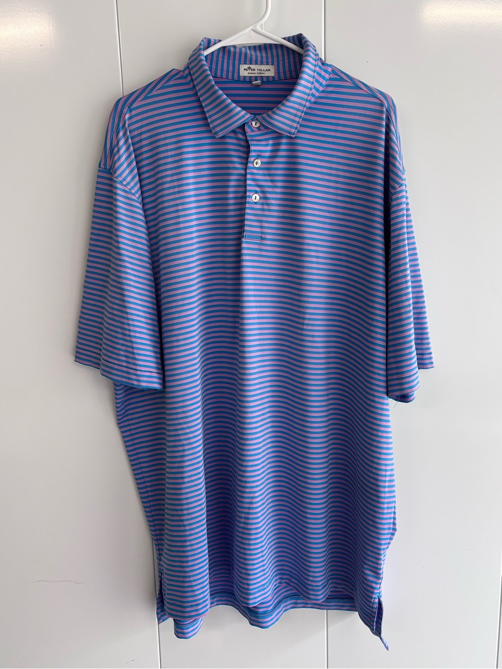 Peter Millar Summer Comfort Polo Shirt Men's XXL Blue Pink Striped Stretch